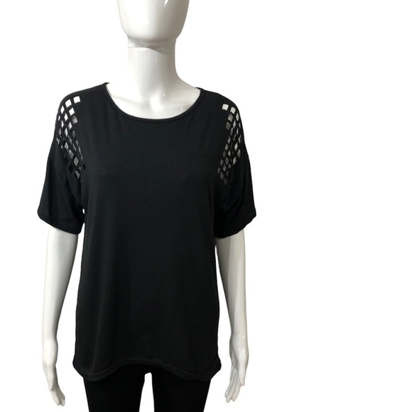 Womens Size M Top Short Sleeve Crossback Mesh Tee Shirt Perforated Black Casual - Picture 1 of 7